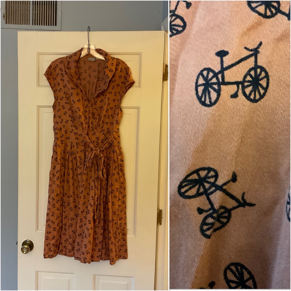Eshakti Bicycle Dress Brown Faux Wrap Novelty Print Plus Size 1X Retro Playful